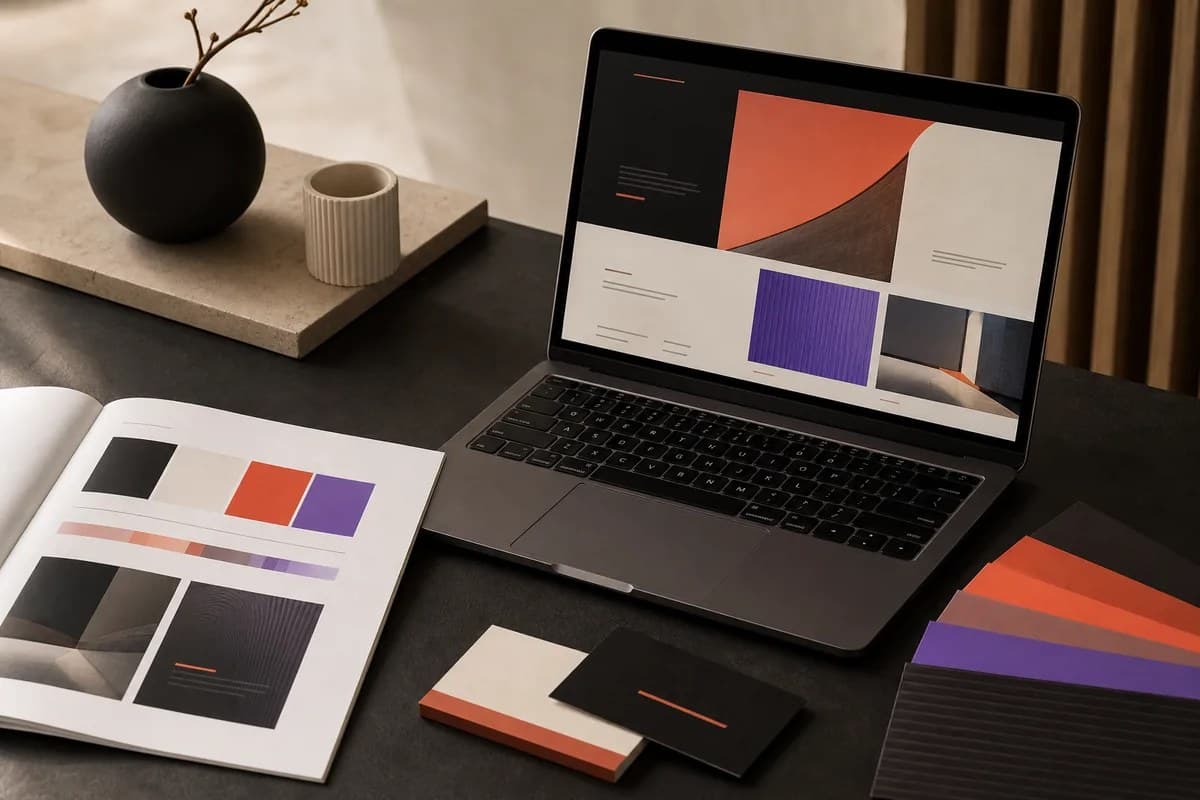 Brand identity system and responsive website displayed on a studio desk